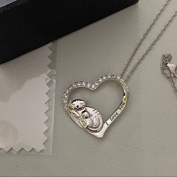 “I Love You” Cat Mother Child CZ Heart Sterling Silver Necklace - Picture 2 of 3